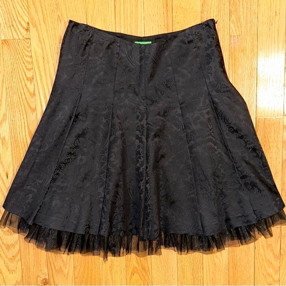 TIBI Skirt Printed Knee Length Full Pleated ALine Tulle Slip Layer 10 black RARE